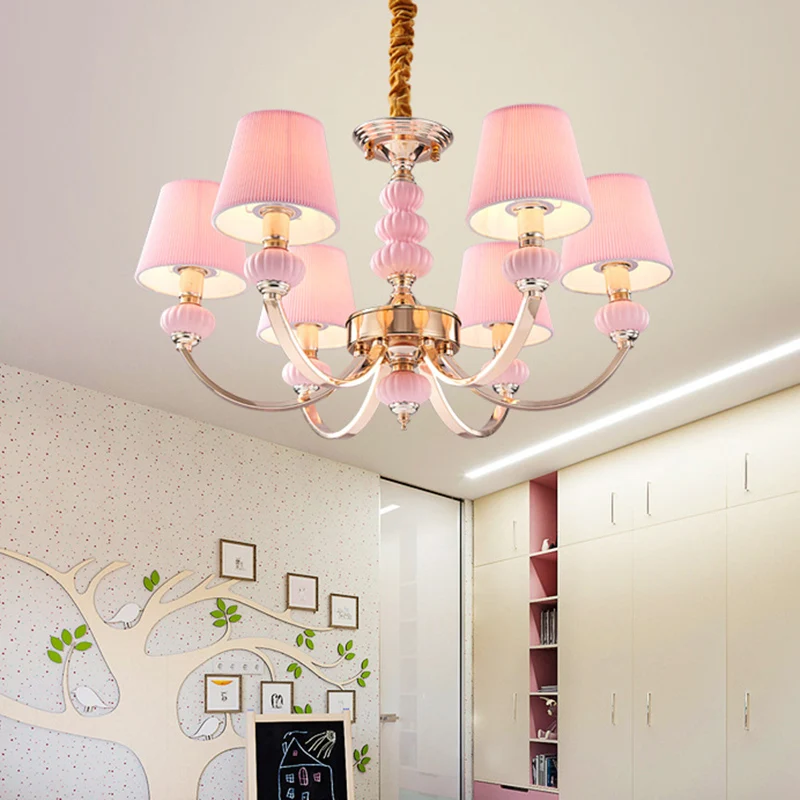 Conische hanglamp voor kinderslaapkamer, geplooide stof, Scandinavische kroonluchterlamp met boogarm Clearhalo