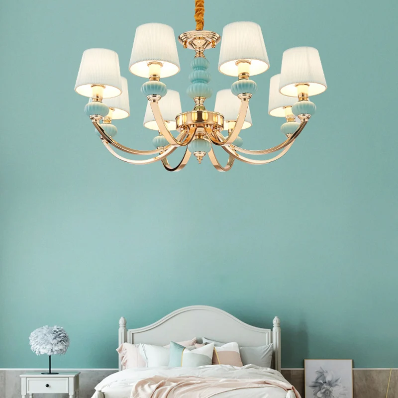 Conische hanglamp voor kinderslaapkamer, geplooide stof, Scandinavische kroonluchterlamp met boogarm Clearhalo