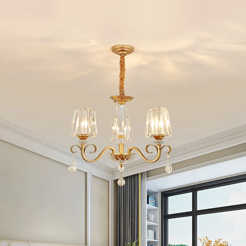 Conische kristallen hangende kroonluchter Traditionele 3/6 Heads Eetkamerplafondlamp goud Clearhalo
