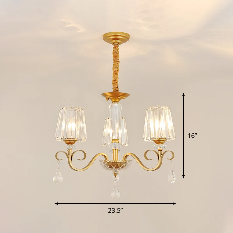 Conische kristallen hangende kroonluchter Traditionele 3/6 Heads Eetkamerplafondlamp goud Clearhalo