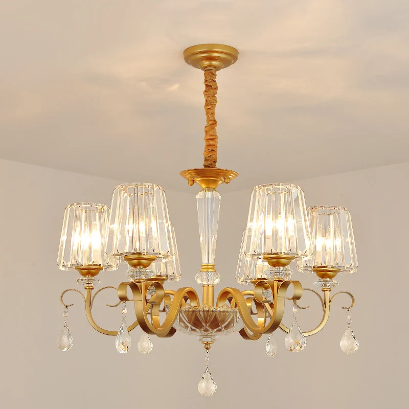 Conische kristallen hangende kroonluchter Traditionele 3/6 Heads Eetkamerplafondlamp goud Clearhalo