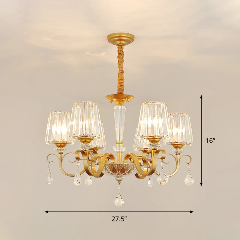 Conische kristallen hangende kroonluchter Traditionele 3/6 Heads Eetkamerplafondlamp goud Clearhalo