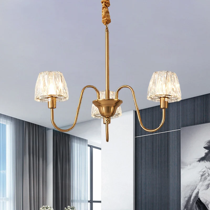 Conische kroonluchterverlichting met 3/6 lampen, eigentijdse gouden afwerking, gefacetteerde kristallen slingerlamp met zw...