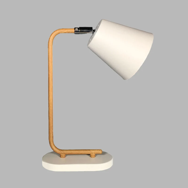 Conische metalen leeslamp Modern 1 lamp witte plug- tafellamp met houten slanke arm Clearhalo