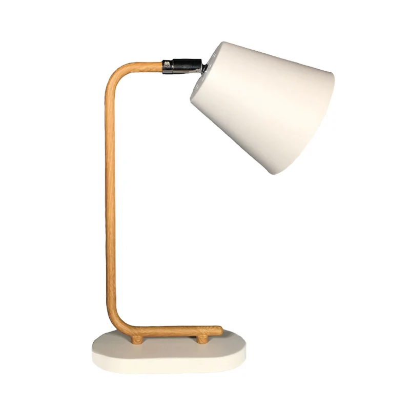 Conische metalen leeslamp Modern 1 lamp witte plug- tafellamp met houten slanke arm Clearhalo