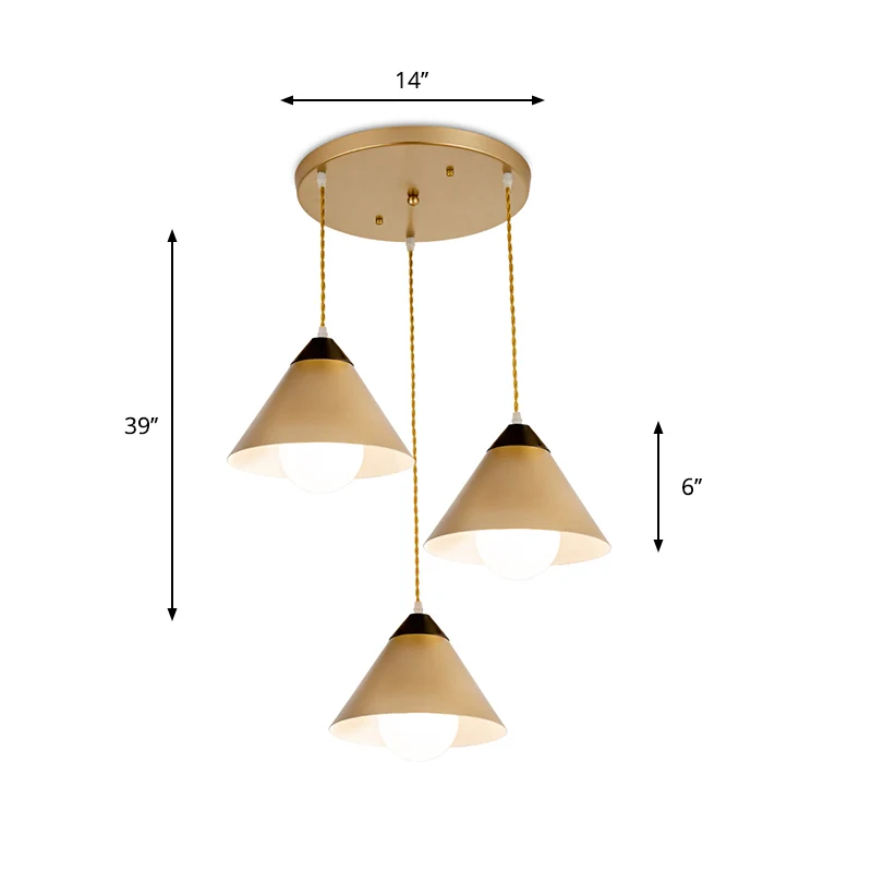 Conische metalen meervoudige hanglamp postmoderne 3-kops zwart-gouden hanglamp met ronde/lineaire luifel Clearhalo