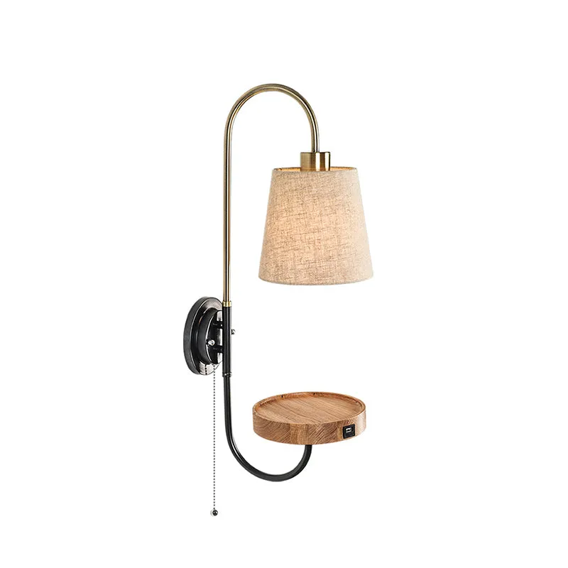 Conische stoffen trekketting Wandmontagelamp Moderne enkele houten schanslamp met USB-poort en houten rek Clearhalo