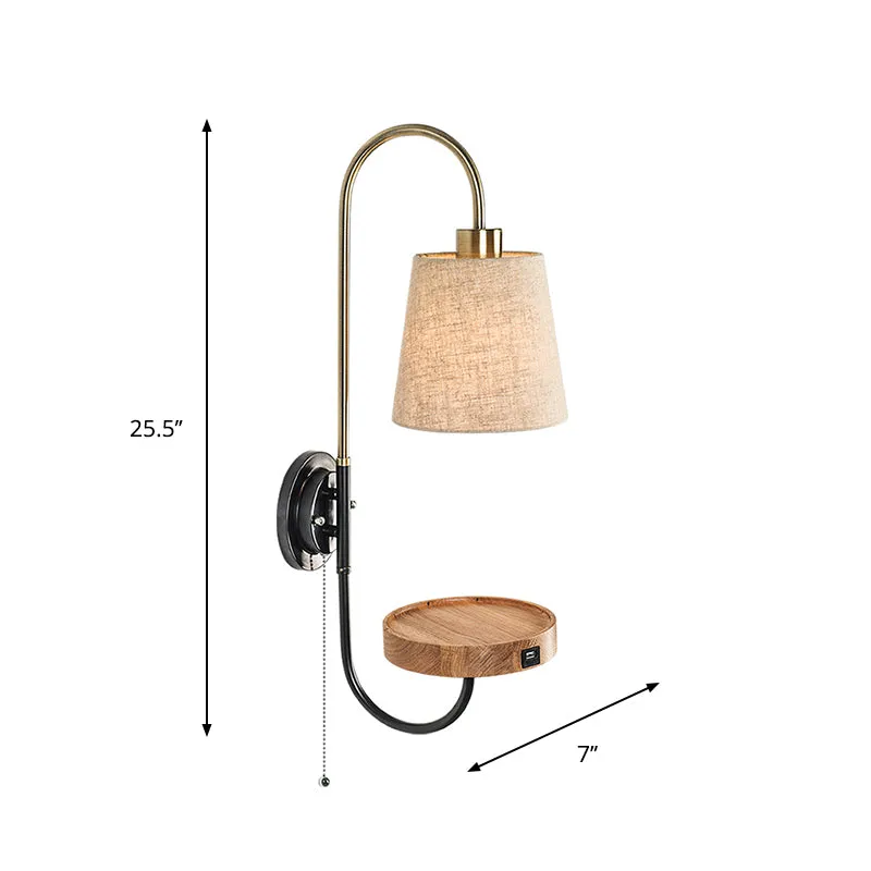 Conische stoffen trekketting Wandmontagelamp Moderne enkele houten schanslamp met USB-poort en houten rek Clearhalo