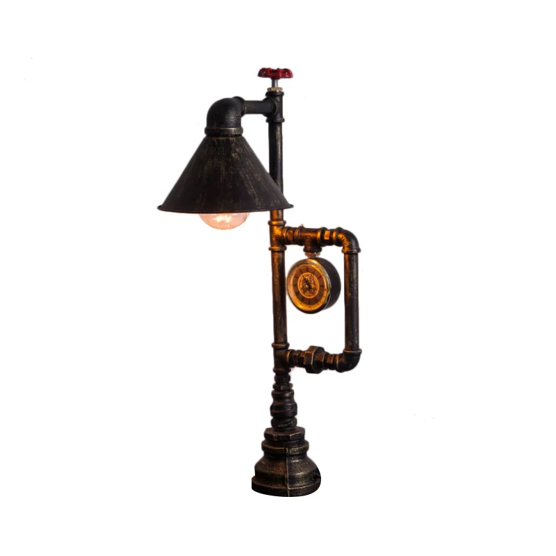 Conische tafelverlichting met 1 lamp en klokdeco Steampunk messing afwerking smeedijzeren staande tafellamp Clearhalo