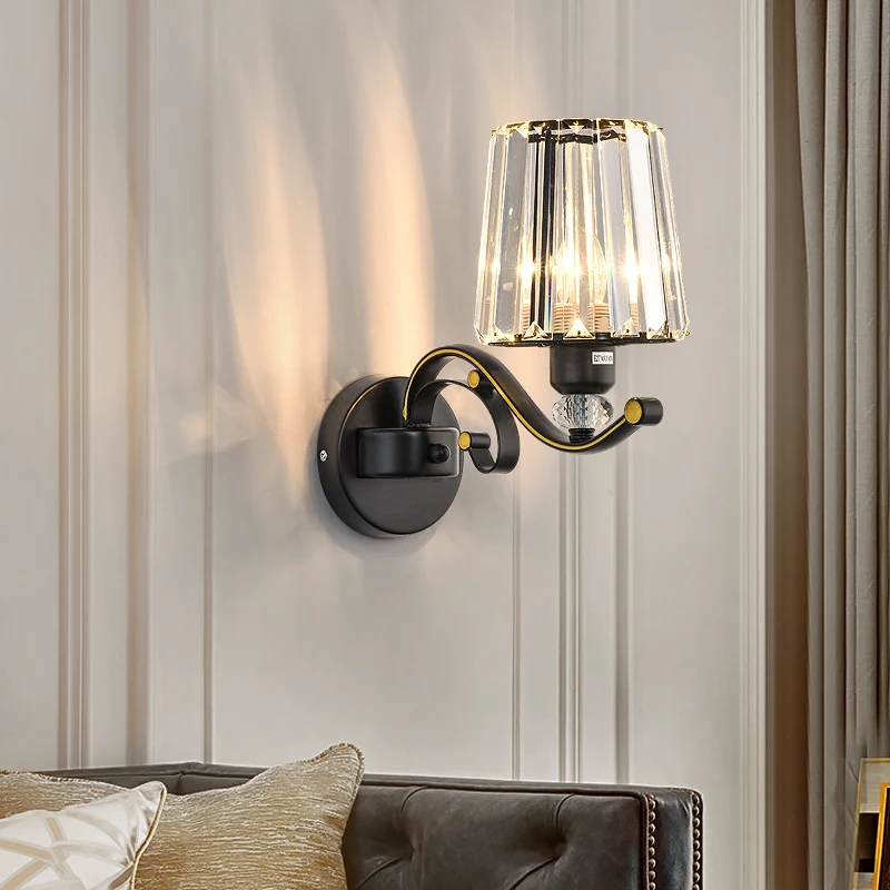 Conische wandlamp van helder glas, modernistische stijl, 1/2 lamp, zwarte schansverlichting met kristallen decoratie Clear...