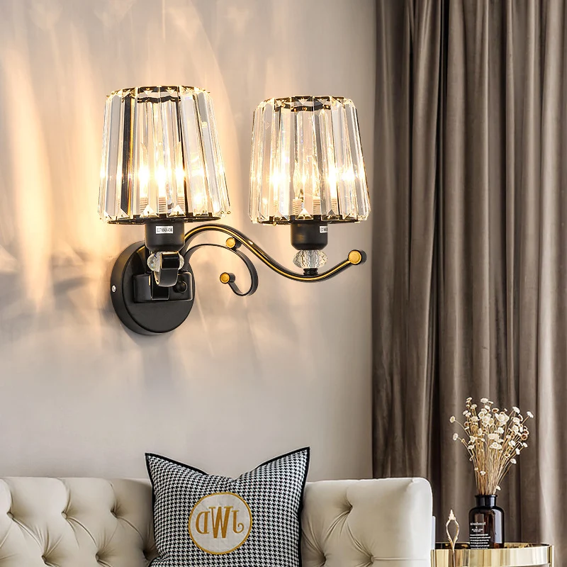 Conische wandlamp van helder glas, modernistische stijl, 1/2 lamp, zwarte schansverlichting met kristallen decoratie Clear...