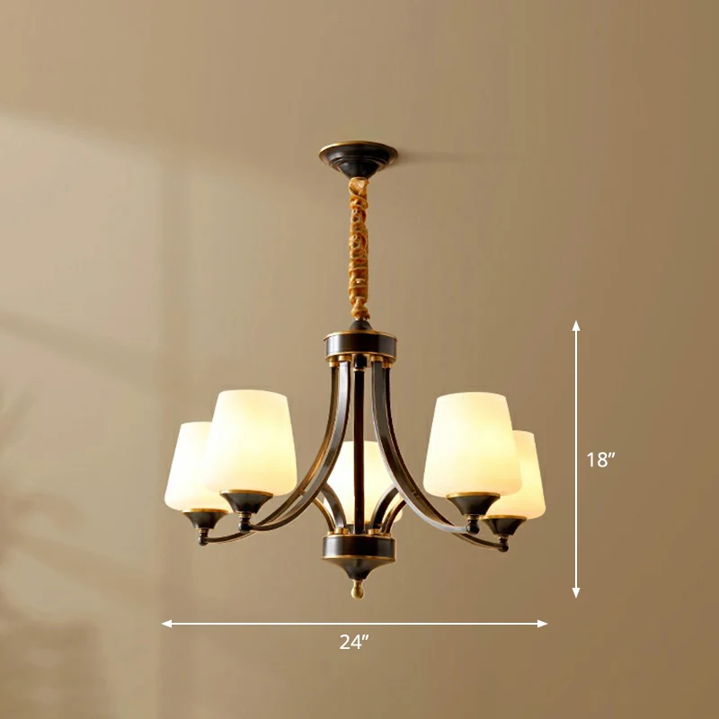 Conische zitkamer kroonluchter lichtarmatuur antiek ivoorkleurig glas hangende hanglamp Clearhalo
