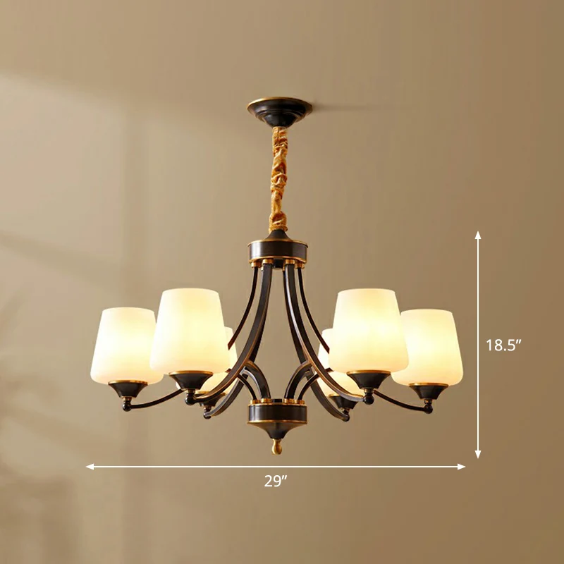 Conische zitkamer kroonluchter lichtarmatuur antiek ivoorkleurig glas hangende hanglamp Clearhalo