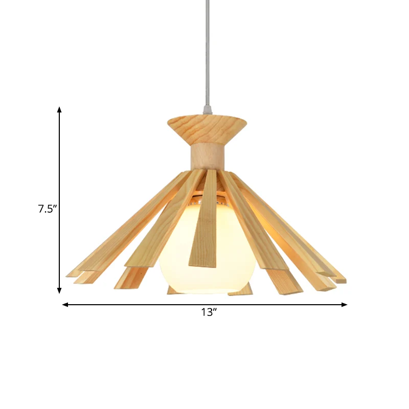 Cottage 1-lichts hanglamp opaal-matte open glazen bolhangende plafondlamp met taps toelopende houten kap Clearhalo