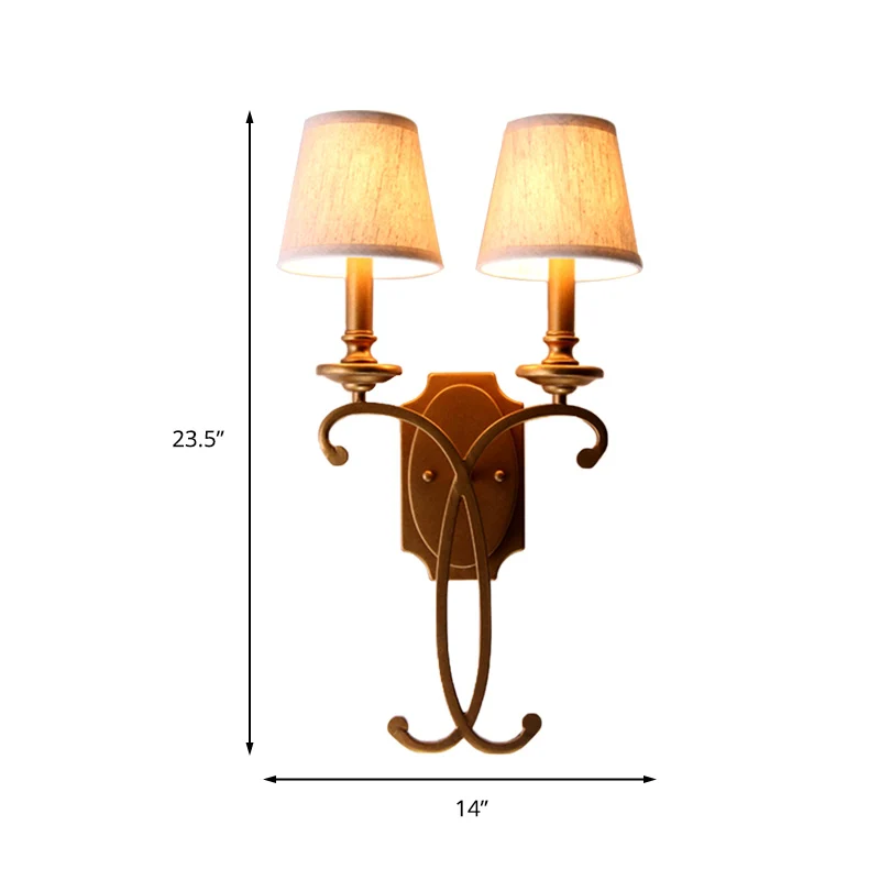 Country Cone Sconce lichtarmatuur 2-lichts metaal en stof wandmontage verlichting messing voor slaapkamer Clearhalo