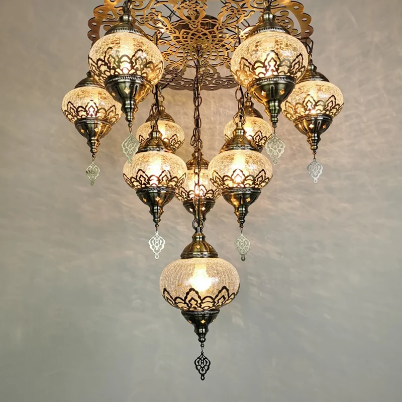 Crackle Glass Bronze Suspension Light Oval 10 Heads Vintage Kroonluchter Lichtarmatuur Clearhalo