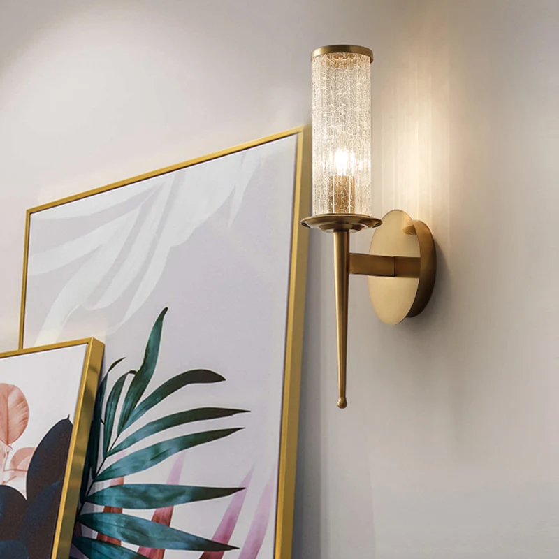 Crackle Glass Gold Wall Lighting Cilinder 1/2 Heads Vintage wandlamp met metalen rechte arm Clearhalo
