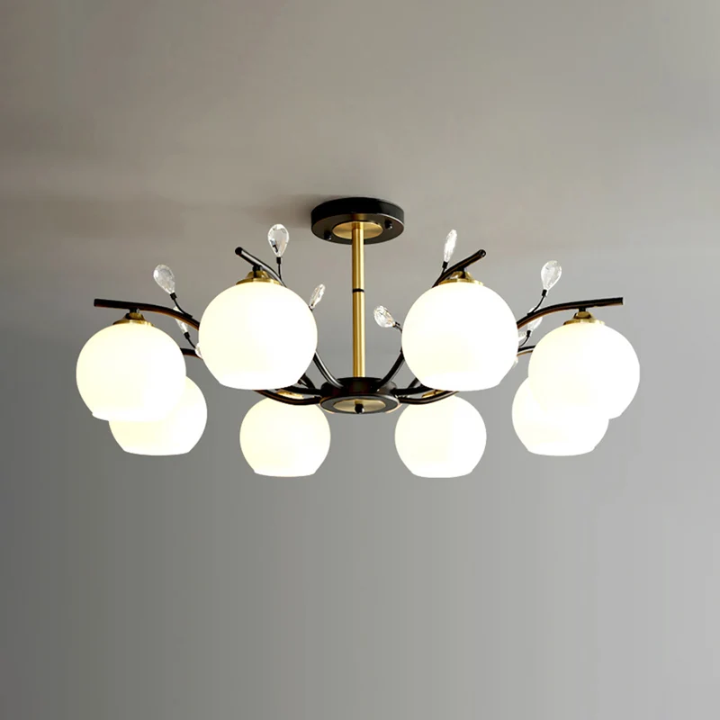 Crème/helder glas Global semi-inbouw modernistische 8-lamps zwart en goud verzonken plafondlamp met kristallen accent Clea...