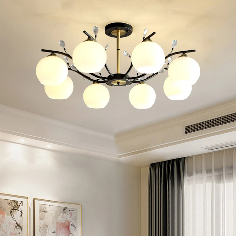 Crème/helder glas Global semi-inbouw modernistische 8-lamps zwart en goud verzonken plafondlamp met kristallen accent Clea...