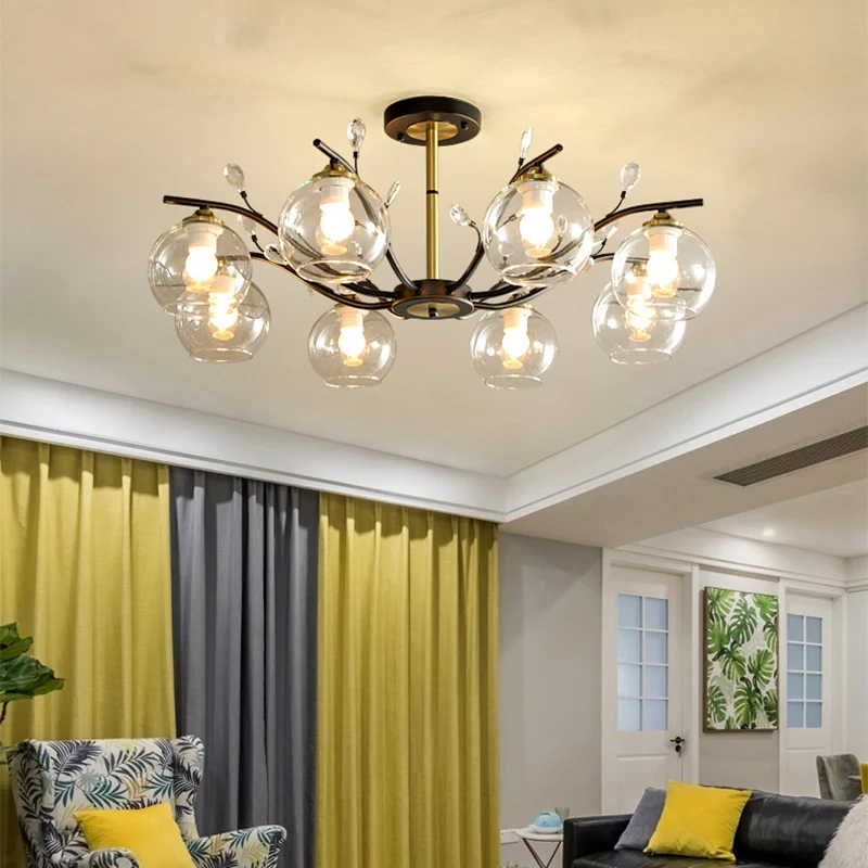 Crème/helder glas Global semi-inbouw modernistische 8-lamps zwart en goud verzonken plafondlamp met kristallen accent Clea...