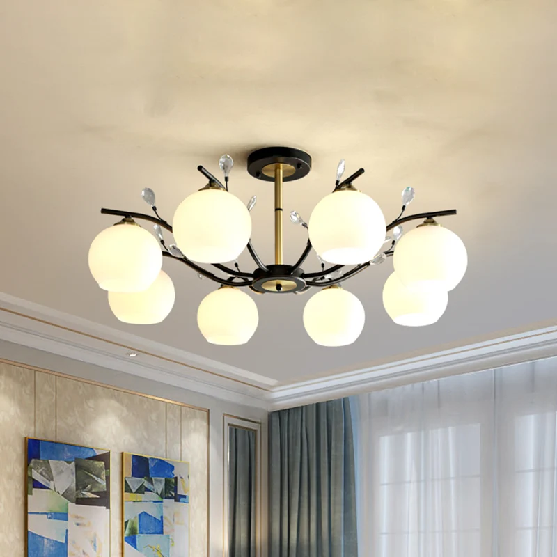 Crème/helder glas Global semi-inbouw modernistische 8-lamps zwart en goud verzonken plafondlamp met kristallen accent Clea...