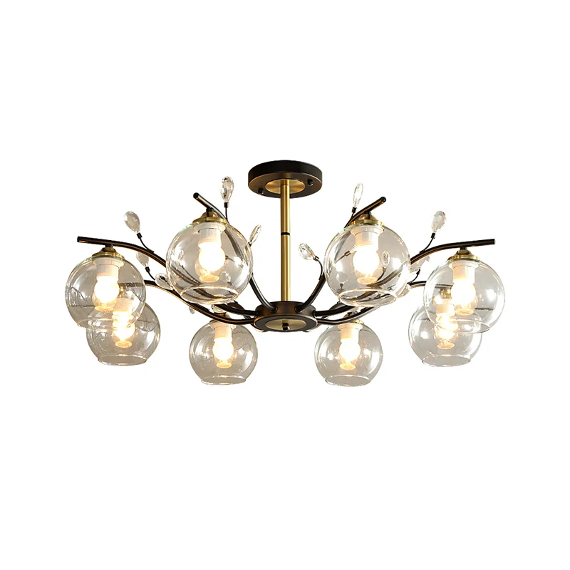 Crème/helder glas Global semi-inbouw modernistische 8-lamps zwart en goud verzonken plafondlamp met kristallen accent Clea...