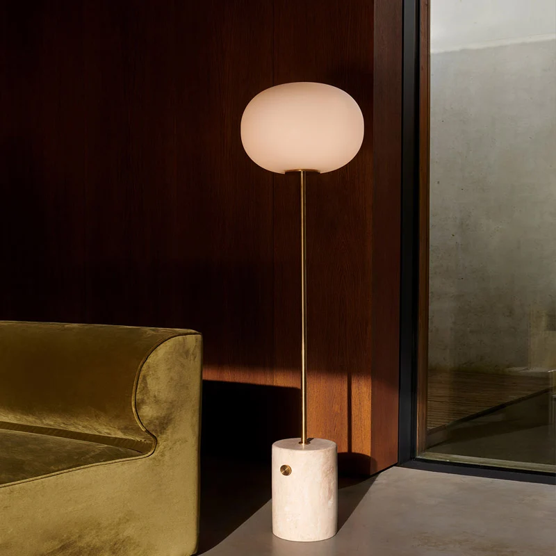 Crèmekleurige eivormige vloerlamp Minimalistische staande lamp met één lamp en cilindrische marmeren voet Clearhalo