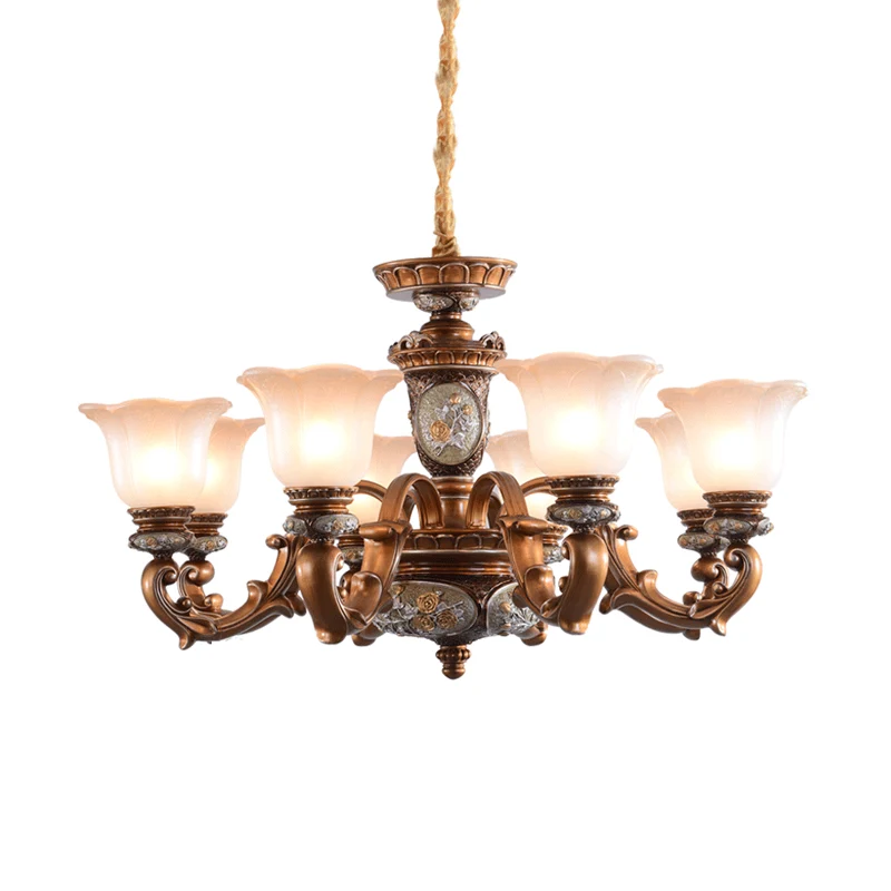 Crèmekleurige glazen bruine kroonluchter verlichtingsarmatuur met bloemenkap 6/8-licht antieke ophanghanger Clearhalo