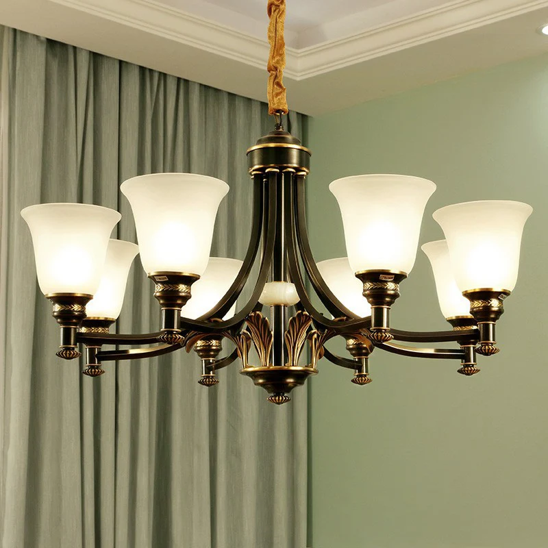 Crèmekleurige glazen uitlopende schaduw kroonluchter hanglamp Vintage woonkamer hanglamp zwart Clearhalo