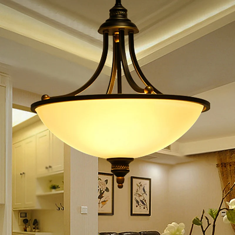 Crèmekleurige glazen zwarte kroonluchter, lichte kom, schaduw, 3 koppen, klassieke hanglamp Clearhalo