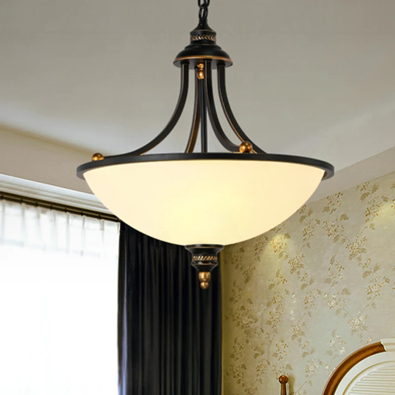 Crèmekleurige glazen zwarte kroonluchter, lichte kom, schaduw, 3 koppen, klassieke hanglamp Clearhalo