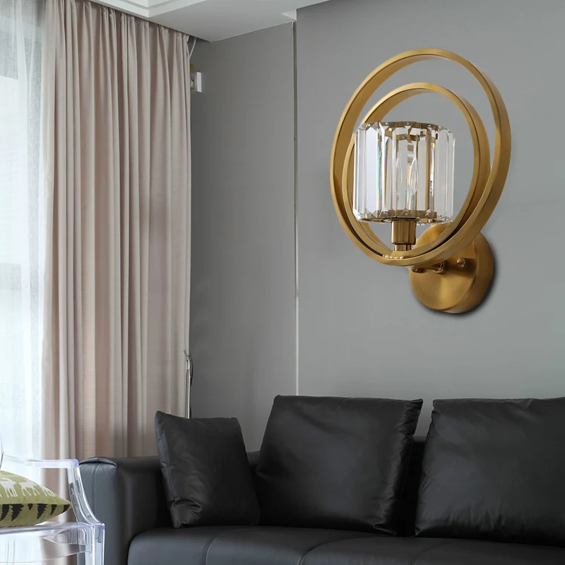 Crystal Block Drum Wandmontagelamp Postmodern 1-lichts schanslamp met messing bolframe Clearhalo