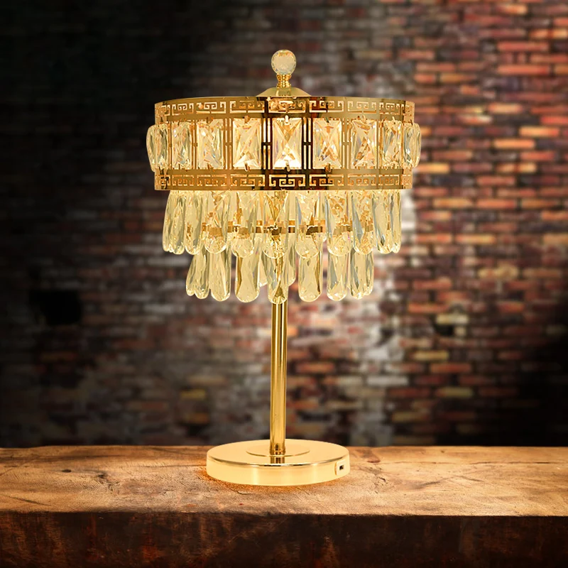Crystal Drop Gold Night Lighting Drum LED-tafellamp landelijke stijl voor slaapkamer Clearhalo