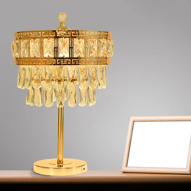 Crystal Drop Gold Night Lighting Drum LED-tafellamp landelijke stijl voor slaapkamer Clearhalo