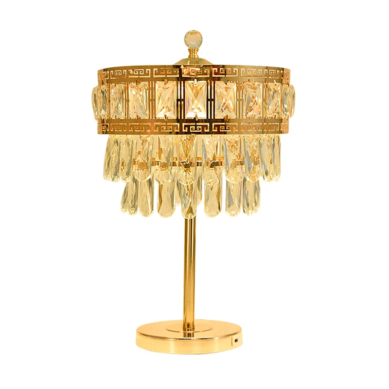 Crystal Drop Gold Night Lighting Drum LED-tafellamp landelijke stijl voor slaapkamer Clearhalo