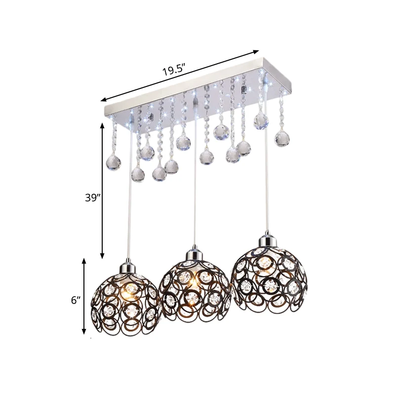 Crystal Embedded Global Suspension Lamp Minimal 3 Heads Multi hanglamp zwart Clearhalo