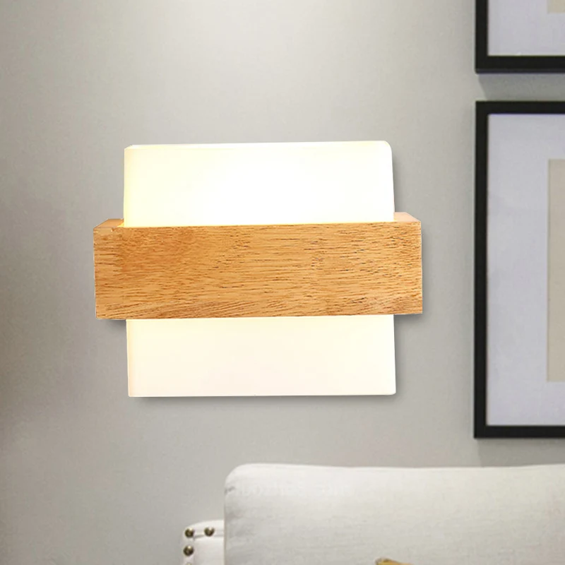 Cube Shade Studeerkamer Schanslamp met houtdeco Melkglas 1-lichts Japanse wandlamp wit Clearhalo