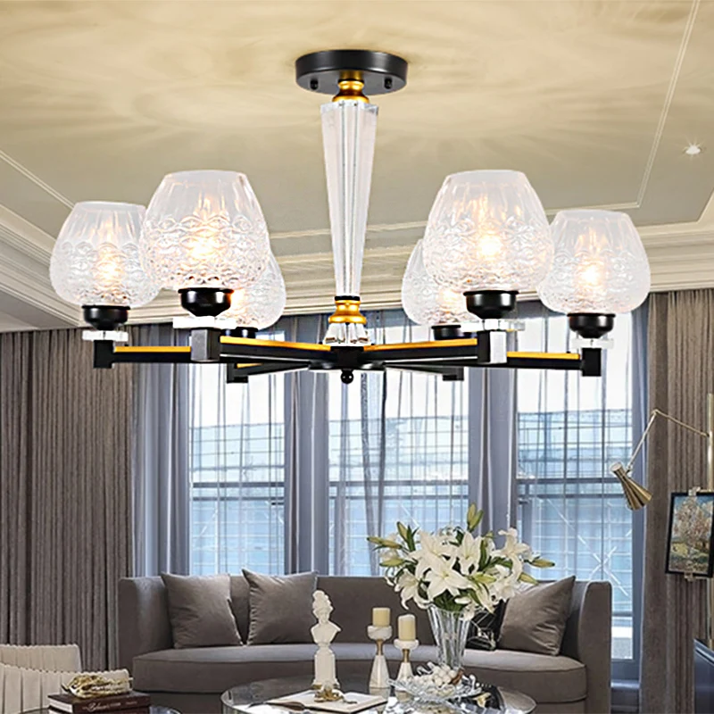 Cupvorm woonkamer hanglamp traditioneel kristal 3/6 lichten zwarte kroonluchter lichtarmatuur Clearhalo