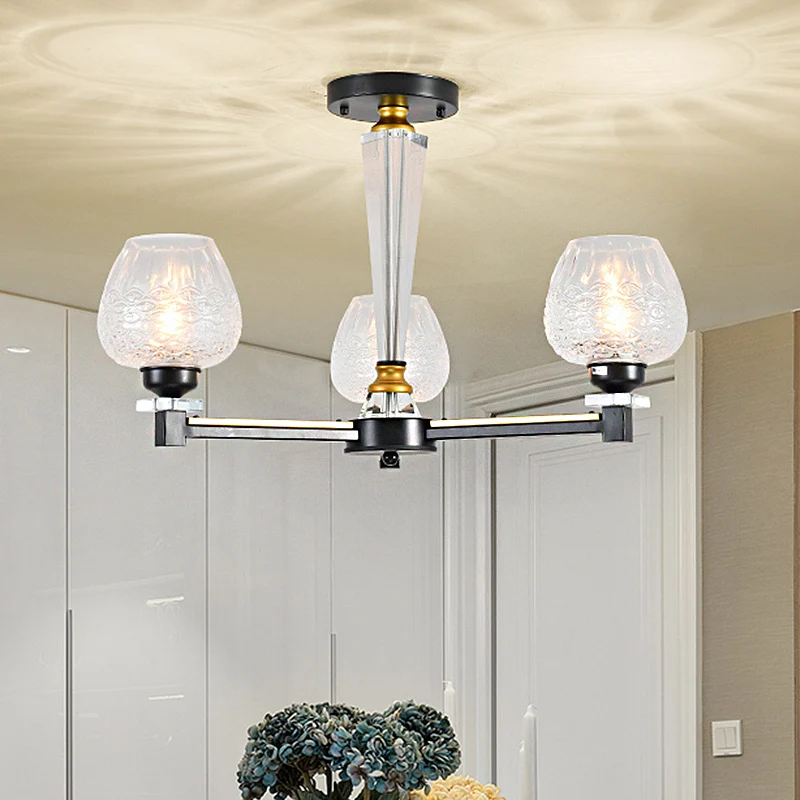 Cupvorm woonkamer hanglamp traditioneel kristal 3/6 lichten zwarte kroonluchter lichtarmatuur Clearhalo