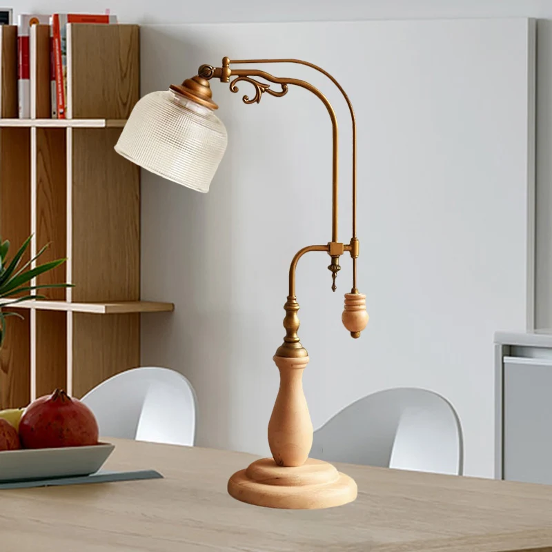 Curvy metalen tafellamp antieke stijl 1-lamps nachtkastjelamp roodbruin/geelbruin/hout met cilindrische helderglazen kap C...