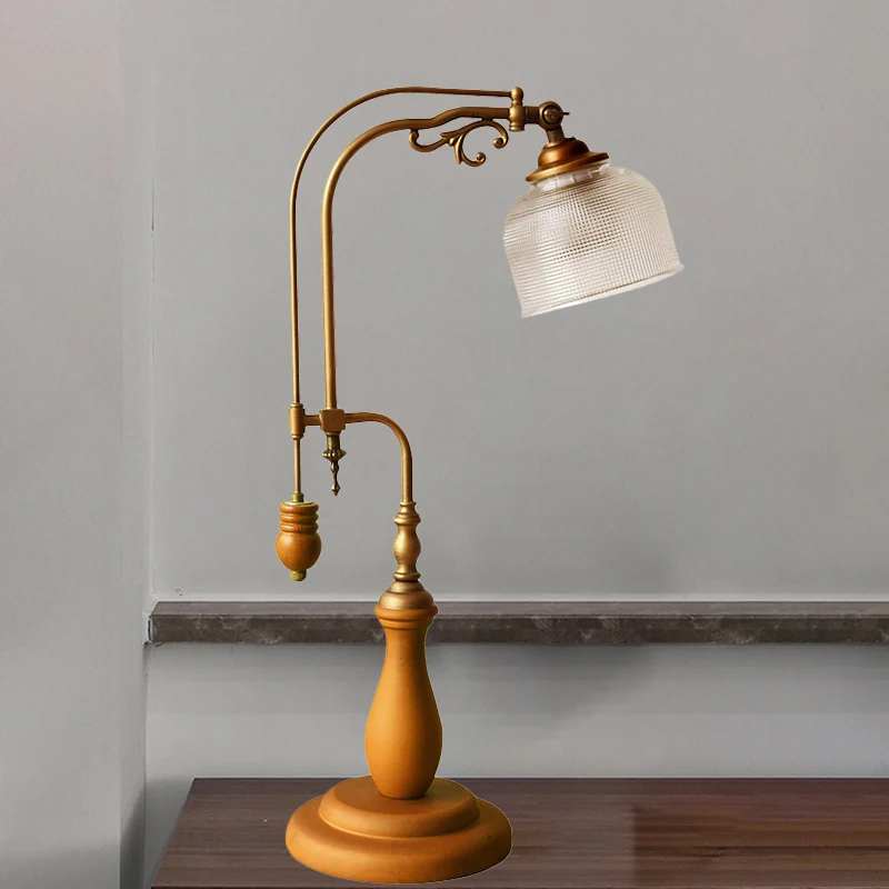 Curvy metalen tafellamp antieke stijl 1-lamps nachtkastjelamp roodbruin/geelbruin/hout met cilindrische helderglazen kap C...