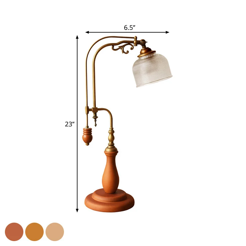 Curvy metalen tafellamp antieke stijl 1-lamps nachtkastjelamp roodbruin/geelbruin/hout met cilindrische helderglazen kap C...