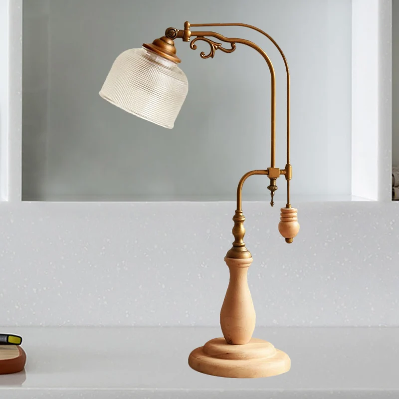 Curvy metalen tafellamp antieke stijl 1-lamps nachtkastjelamp roodbruin/geelbruin/hout met cilindrische helderglazen kap C...