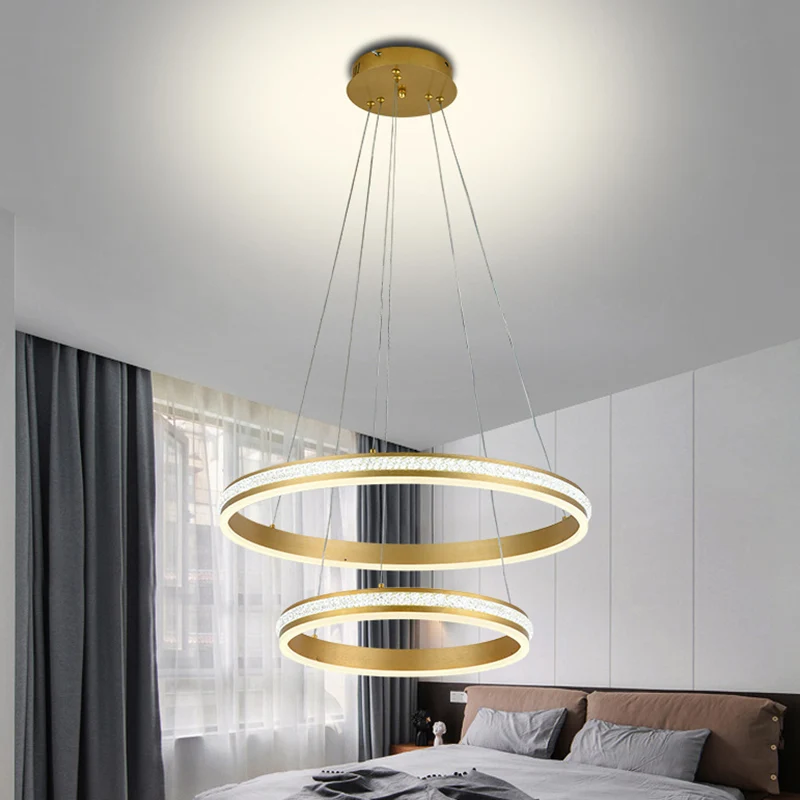 16 "+ 24" Diameter 2-Tiered Ring LED Kroonluchter Aluminium Goud LED Hangende Hanglamp met Diamant Strepen Acryl Schaduw C...