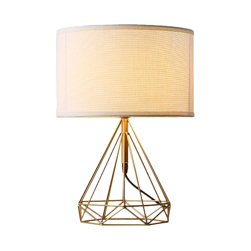 Diamond Cage tafellamp minimalistisch metallic 1 hoofd nachtkastje witte stoffen bureaulamp goud Clearhalo
