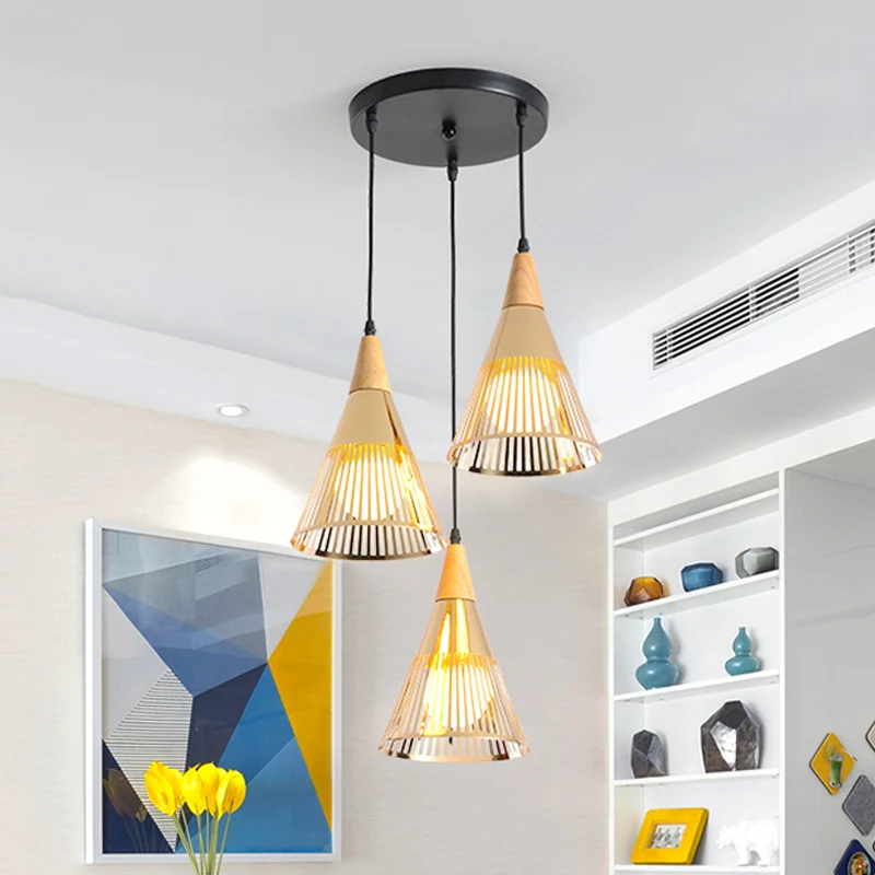 Diepe kegelkooi hanglamp Moderne houten 3-lichts gouden multi-licht plafondlamp Clearhalo