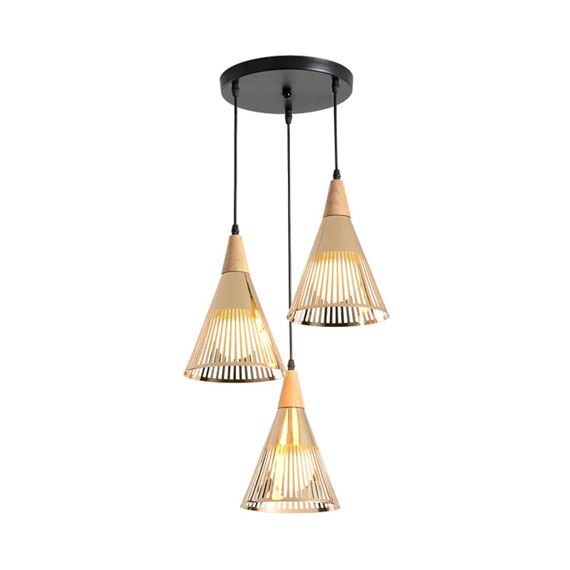 Diepe kegelkooi hanglamp Moderne houten 3-lichts gouden multi-licht plafondlamp Clearhalo
