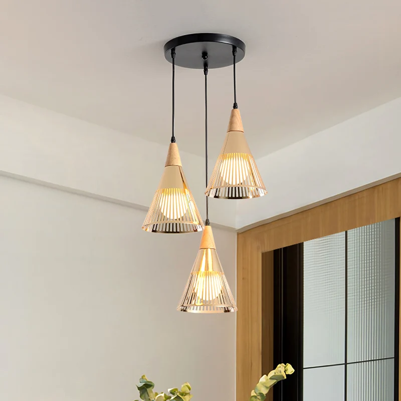 Diepe kegelkooi hanglamp Moderne houten 3-lichts gouden multi-licht plafondlamp Clearhalo