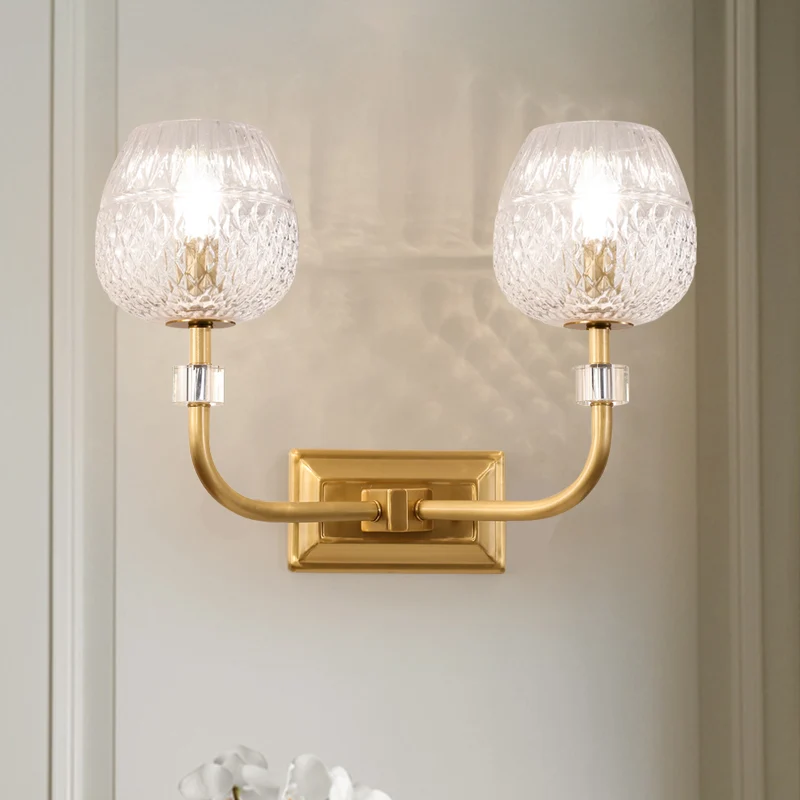 Dome Foyer Wandlamp Helder roosterglas 1/2-kops hedendaagse wandkandelaar gouden afwerking Clearhalo