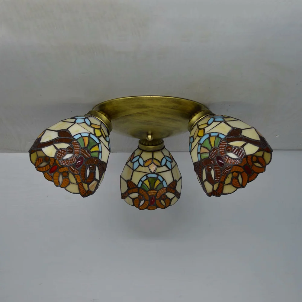 Dome Shade Plafondarmatuur met Victoriaans/ Mediterraan/Barok Patroon Vintage Gebrandschilderd Glas 3 Lichten Inbouw Plafo...
